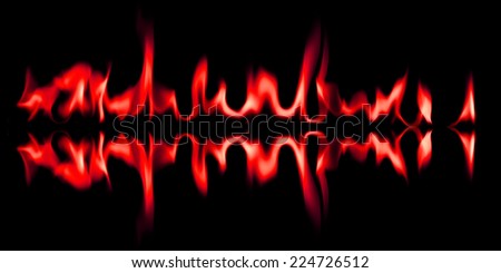 Red flame graphics on a black background.