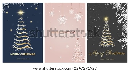 Merry Christmas greeting card set with rose gold Christmas trees and snowflakes. Elegant Holiday design templates for greeting card, invitation, banner or poster. Luxury X-mas vector illustration