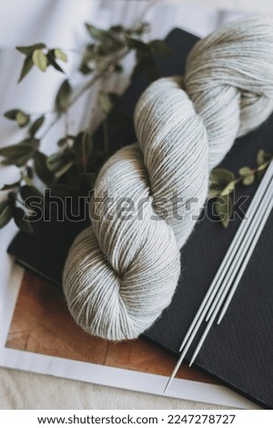 Skein of wool yarn and knitting needles for hand knitting. Concept for handmade.