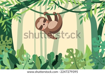 Sloth in jungle. Animal hangs on branch, tropic and exotic. Poster or banner for website. Flora and fauna, wild life and mammal. African savannah and exotic. Cartoon flat vector illustration