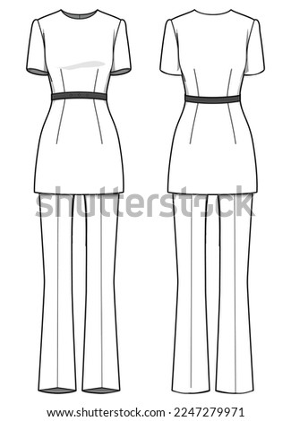 Women woven belted tunic dress top design with Pants flat sketch fashion illustration with front and back view. Tunic Kurtha top dress with flared trouser pant cad drawing vector template Royalty-Free Stock Photo #2247279971