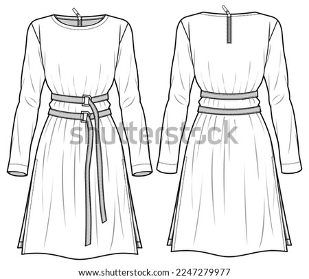 Women woven tunic shift dress design with flat sketch fashion illustration front and back view. Long sleeve belted dress drawing vector template Royalty-Free Stock Photo #2247279977
