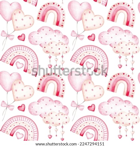 Seamless pattern isolated on white background. Hand drawn by watercolor. Cute rainbows, clouds, hearts and love symbols. Valentine's day digital paper