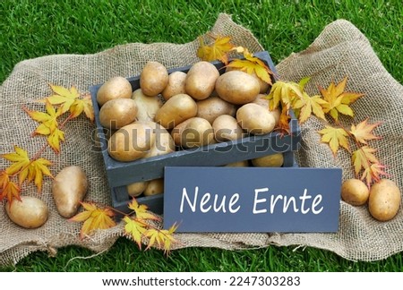 A box of potatoes from a new harvest. German inscription translates to new harvest.