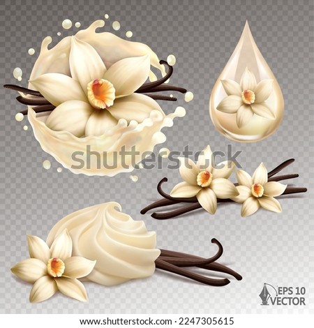 Realistic vector set of natural vanilla flowers, fresh milk splash and whipped dessert cream. 3d illustration Royalty-Free Stock Photo #2247305615