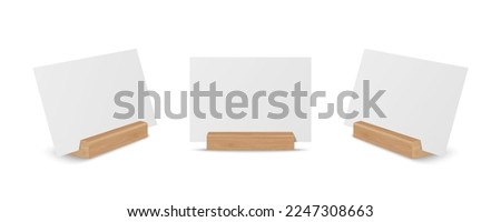 Vector 3d Realistic White Empty Blank Paper Sheet, Card on Wooden Holder, Stand Icon Set Closeup Isolated. Design Template for Mockup, Menu Frame, Booklets. Acrylic Tent Card. Front, Side View Royalty-Free Stock Photo #2247308663