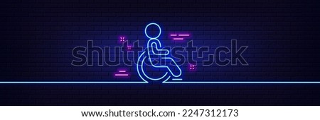 Neon light glow effect. Disability person line icon. Wheelchair user sign. Person transportation symbol. 3d line neon glow icon. Brick wall banner. Disability outline. Vector