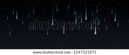 Falling stars blue. Magic, imagination and fantasy. Bright lights on copy space. Overlay and texture. Template and layout. Realistic flat vector illustrations isolated on transparent background