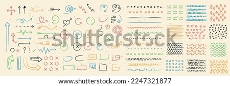 Various Doodle Sketch set. Collection of graphic elements for website. Multicolored arrows, hearts and curved lines. Crosses and dots. Cartoon flat vector illustrations isolated on beige background