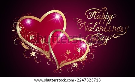 Valentine day card with decorative hearts, ornament and handwriting romantic calligraphic lettering