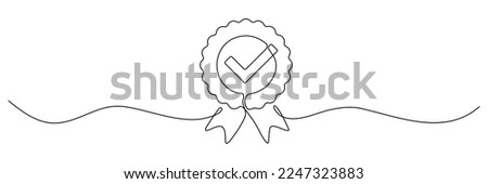 Award badge continuous line art drawn. Approval check sign. Certificate contour line. Vector illustration isolated on white. Royalty-Free Stock Photo #2247323883