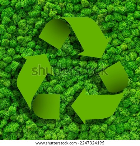 Waste recycling  symbol, environmental protection concept  with green moss background