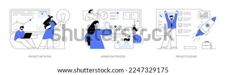 Project implementation abstract concept vector illustration set. Project initiation and closure, workflow process, business analysis, vision and scope, management software, deadline abstract metaphor.