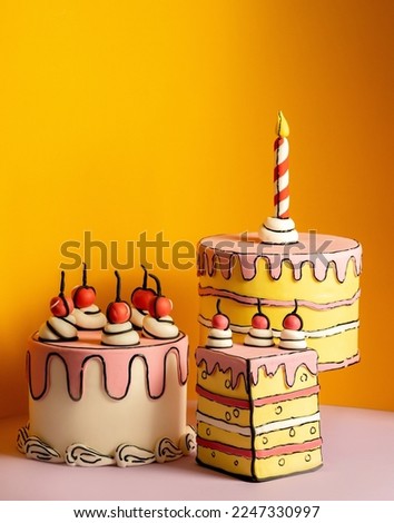Cartoon cakes on yellow background, with candle and cherries. Royalty-Free Stock Photo #2247330997
