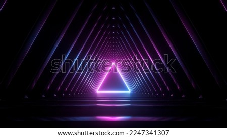 3d render, abstract background with neon triangle at the end of the virtual geometric tunnel