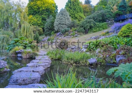 View of the pond with a stone path