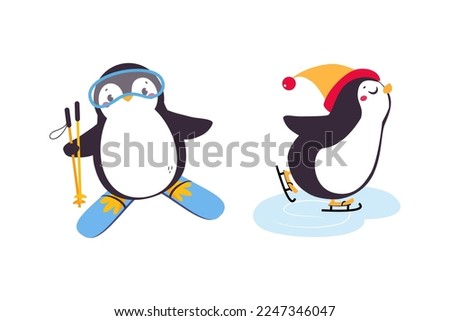 Cute Penguin with Red Cheeks Skiing and Ice Skating Vector Set