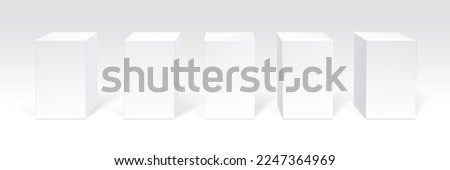 White podium stand, 3D cube pedestal display isolated on grey background. Vector column platform pillar for display product Royalty-Free Stock Photo #2247364969