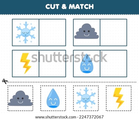 Education game for children cut and match the same picture of cute cartoon cloud snowflake thunder water printable nature worksheet