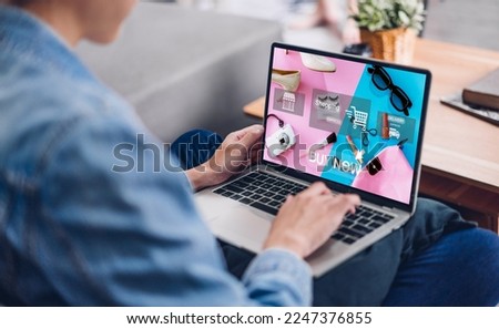 Portrait of woman relax use technology of laptop computer for fashion online shopping.Young girl enjoy shopping time summer sale and buy something purchases at cafe.online shopping concept Royalty-Free Stock Photo #2247376855