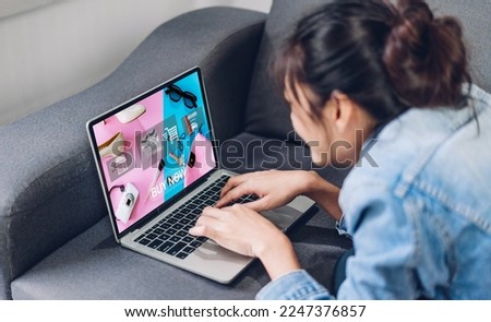 Portrait of woman relax use technology of laptop computer for fashion online shopping.Young girl enjoy shopping time summer sale and buy something purchases at cafe.online shopping concept