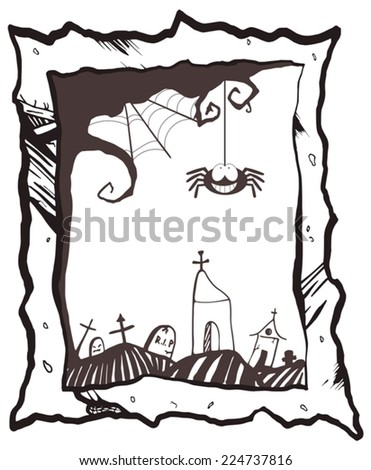 Happy Halloween frame with smiling spider, web, tombstones and church