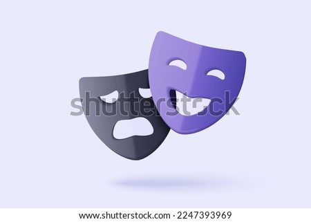 3d theatre masks for tragedy, drama and comedy. cinema movie ticket icon, ready for watch 3d comedy movie in theatre. Media film for entertainment. 3d cinema mask icon vector render illustration Royalty-Free Stock Photo #2247393969