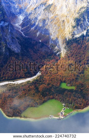 View on Saint Batholemew at the sea of Kings in Berchtesgaden. Lovely Autumn Picture from the Alps in Bavaria, Germany