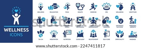 Wellness icon set. Containing massage, yoga, spa, relaxation, health, exercise, diet, wellbeing, meditation, aromatherapy and more. Solid icon collection. Royalty-Free Stock Photo #2247411817