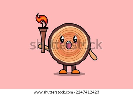 Illustration of cute Wood trunk cartoon character holding fire torch in flat modern design