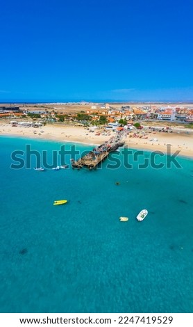 Aerial view of Santa Maria, Sal Island, Cape Verde (Cabo Verde). Drone vertical shot. Royalty-Free Stock Photo #2247419529