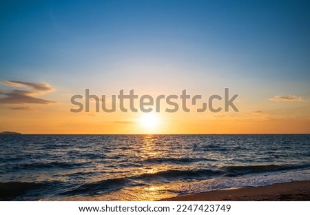 Panorama front viewpoint landscape travel summer sea wind wave cool on holiday calm coastal big sun set sky light orange golden Nature tropical Beautiful evening hour day At Bang san Beach Thailand. Royalty-Free Stock Photo #2247423749