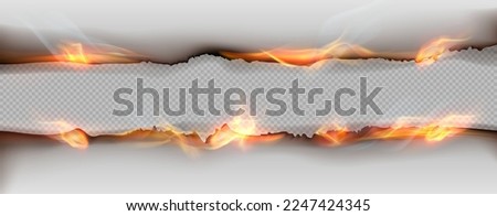 Vector realistic burning paper page edge and hole with fire. Parchment burnt effect with flame and ash.  Royalty-Free Stock Photo #2247424345