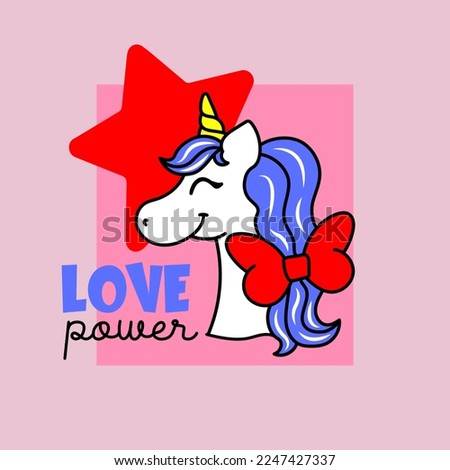 VECTOR ILLUSTRATION OF A HAPPY UNICORN WITH A HAIR BOW, SLOGAN PRINT