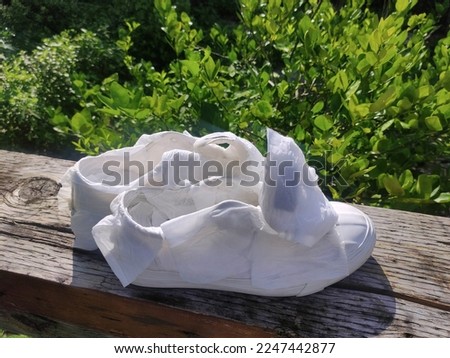 Drying shoes by bringing tissue paper on wooded clothesline, Shoes wrapped by tissue paper after washing, White canvas shoes  Royalty-Free Stock Photo #2247442877