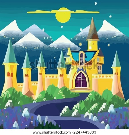 Medieval castle towers. Fairy tail appearance, king-fortress and fortified palace with gates. Old ancient gothic tower fortress or citadel citadel cartoon vector