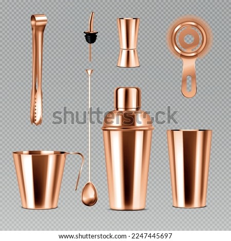 Bar equipment realistic set with shiny metal shaker jigger strainer spoon geyser tongs isolated on transparent background vector illustration Royalty-Free Stock Photo #2247445697