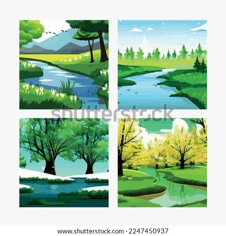 Spring landscape with forests, river, mountain, sun, blue sky and clouds, rural nature in spring with land with wild grass. Vector on spring background. in flat cartoon style.