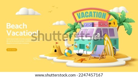 Mini van parking on a beach island, concept of beach vacation, landing page template in cute 3d cartoon illustration Royalty-Free Stock Photo #2247457167