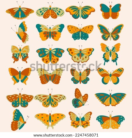 Set of retro 60s 70s hippie groovy butterflies for cards, stickers or poster design. Flat vector illustration