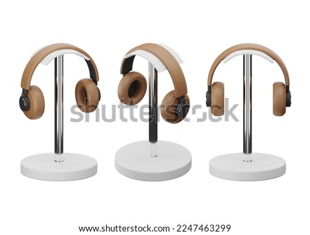 3D brown headphones on a stand. Clipping path included. 3D rendering.
