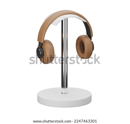 3D brown headphones on a stand. Clipping path included. 3D rendering.