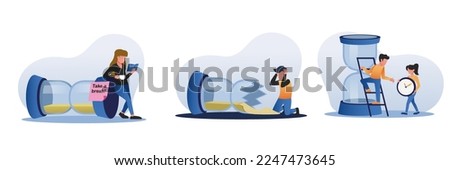 Time management and deadline concept with cartoon character. Woman with hourglass read book and has coffee break. Overdue deadline is hysterical in worker. Vector illustration