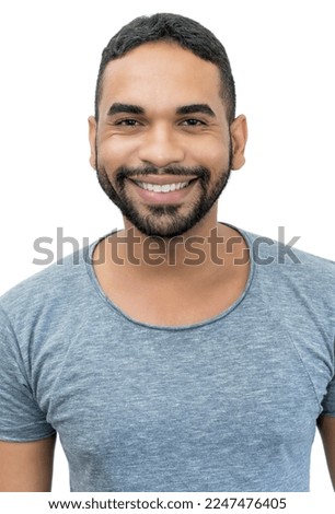 Passport photo of laughing mexican man with beard and black hair isolated on white background to cut out