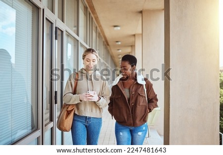 Friends, women and smartphone for social media, talking and connection to share pictures, walking and relax together. Female students, girls and cellphone for communication, scroll online and typing