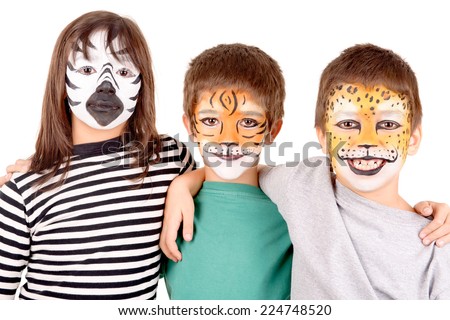 little kids with face painted as a tiger isolated in white