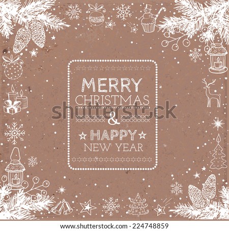 Merry Christmas and Happy New Year Card with fir tree branches, Christamas balls, candles, pomaders and stars. Typography christmas card design on brown parcel paper. Vector illustration. Royalty-Free Stock Photo #224748859