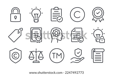 Copyright, trademark, brand, patent, intellectual property and trade secret concept editable stroke outline icons set isolated on white background flat vector illustration. Pixel perfect. 64 x 64. Royalty-Free Stock Photo #2247492773