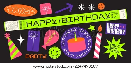 birthday collection of various patches, labels, tags, stickers, stamps, bracelets k. cake, candy, holiday, party. Funky hipster stickers in 90s style. Vector set, trendy promo labels Royalty-Free Stock Photo #2247493109