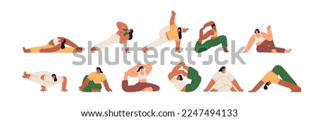 Yoga asanas set. Girls exercising in advanced poses, hard postures. Women stretching, balancing in different twisted body positions. Flat graphic vector illustrations isolated on white background